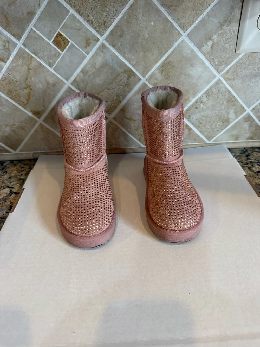 Lucky Top Girls Size 12 Pink Rhinestone Faux Suede Fur Lined Winter Boots